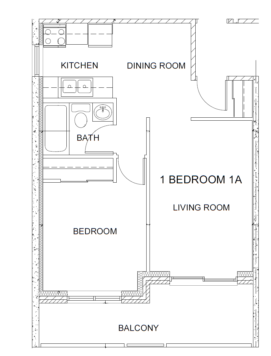 Floor plan for 1 bed, 1 bath, 624 sqft